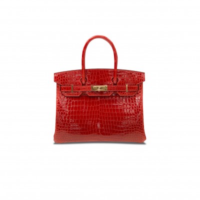 HERMÈS MASTER BIRKIN 25 CROCODILE LEATHER GLOSSY FLAG RED GOLD BUCKLE H041354CK6U (25*20*13cm)